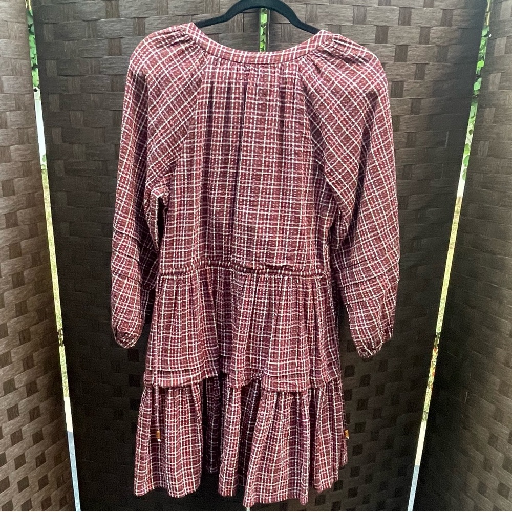 Madewell Merlot Seersucker Checkered Long Sleeve, V neck Dress - Size XS - Picture 12 of 16